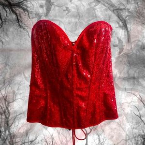 Fredericks of Hollywood NWT front red sequin corset 🖤 ❤️🖤
